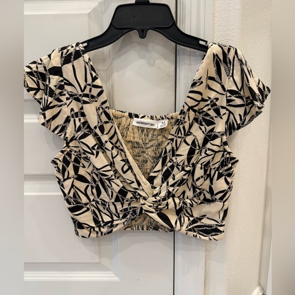 Midnight Sky Tops - Boho Botanical Flutter Sleeve Linen/Cotton Blend Smocked Top Cream & Black M